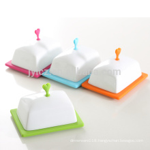 New Design Silicone Base Ceramic Porcelain Butter Dish With silicone knob lid